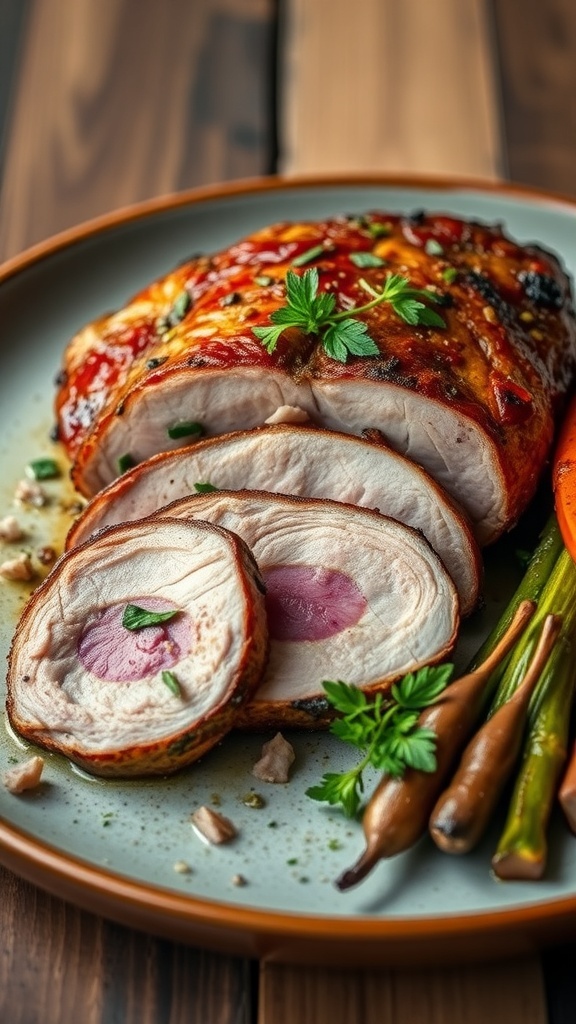Sliced duck breast with crispy skin, garnished with herbs, served with roasted vegetables on a rustic table.